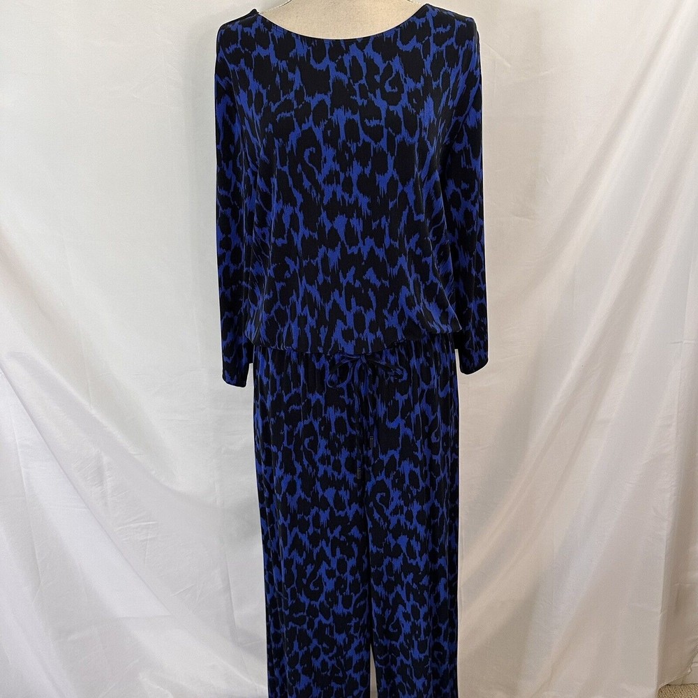 Chicos Travelers Jumpsuit 3 (XL 14 16) Black Blue Animal Printed Stretch Knit